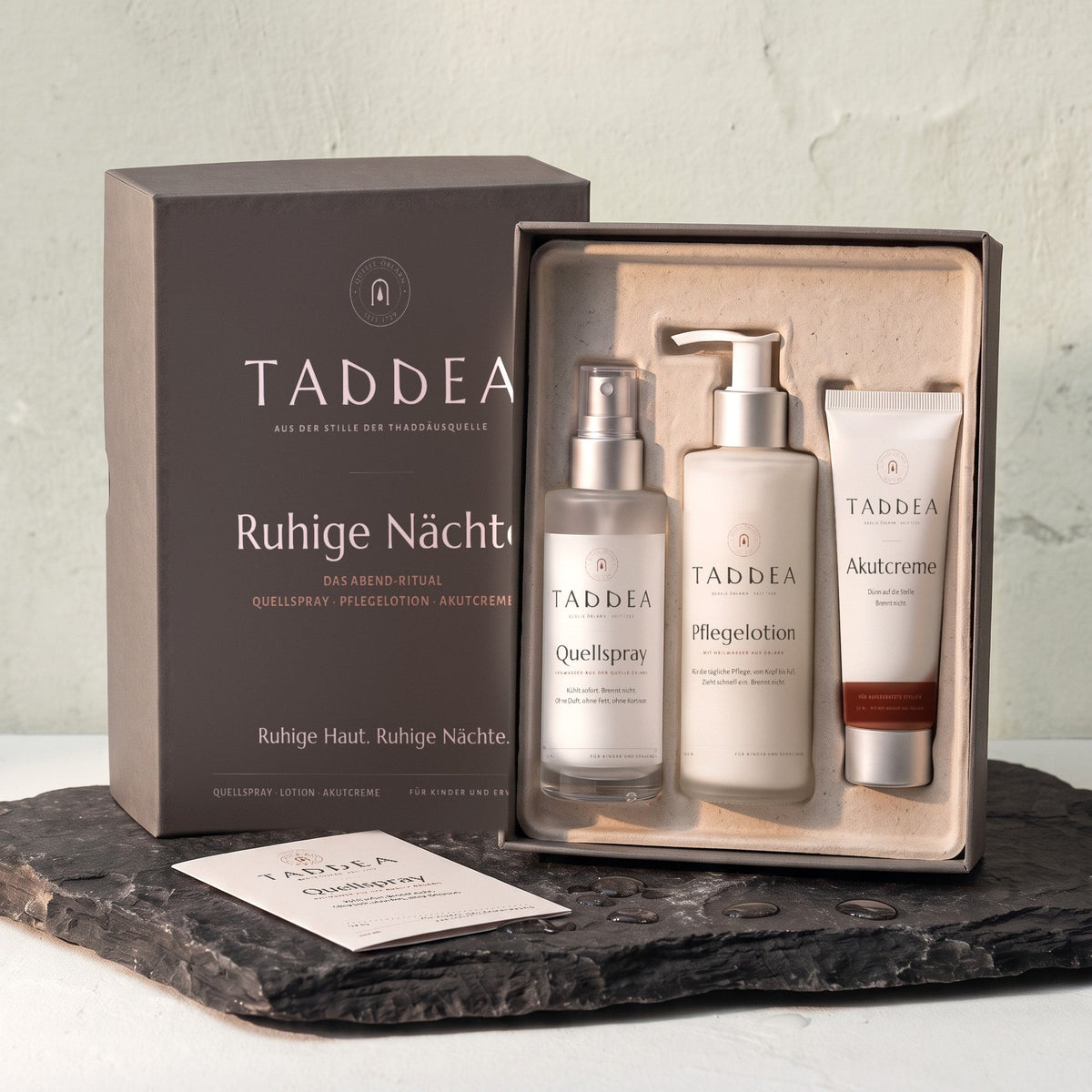 Ruhige-Nächte-Routine von Taddea: Box mit Quellspray, Pflegelotion und Akutcreme